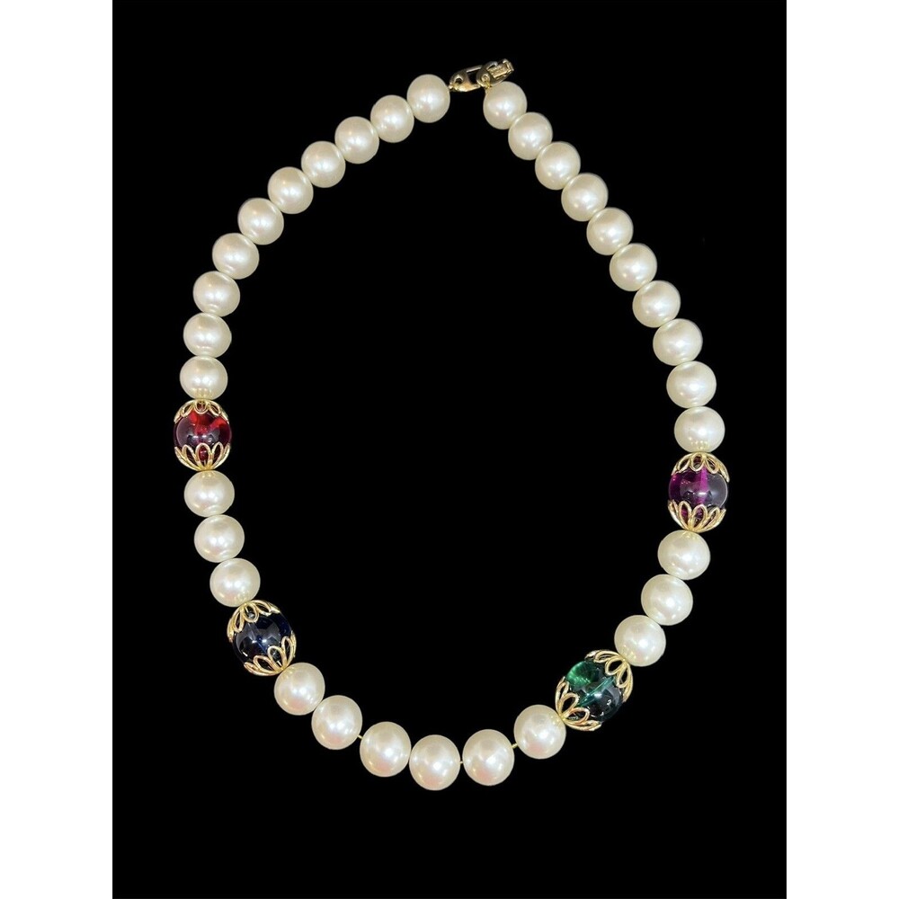 Vintage Signed Napier Pearl Necklace with Gem Colored Lucite Balls